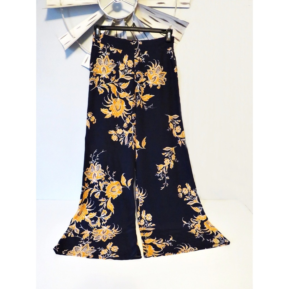 Zara Wide Leg Floral Pants Navy Orange Floral‎ Lightweight High Rise Size Medium